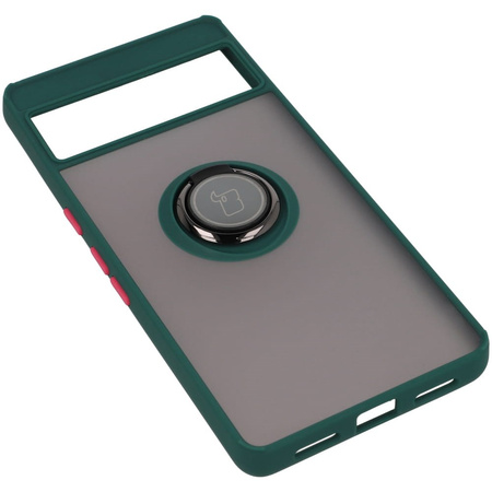 Etui z uchwytem na palec Bizon Case Hybrid Ring do Google Pixel 7 Pro, przydymione z ciemnozieloną ramką