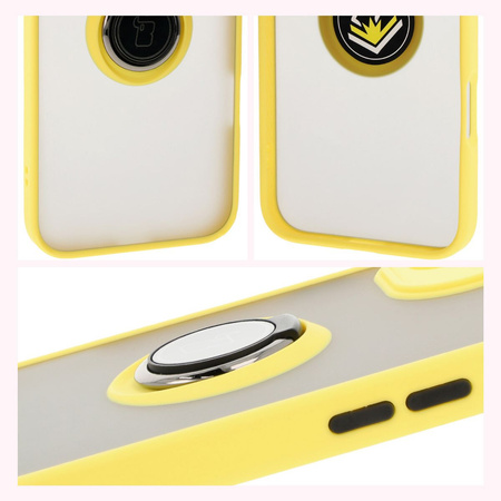 Etui z uchwytem na palec Bizon Case Hybrid Ring do iPhone 16 Plus, przydymione z żółtą ramką
