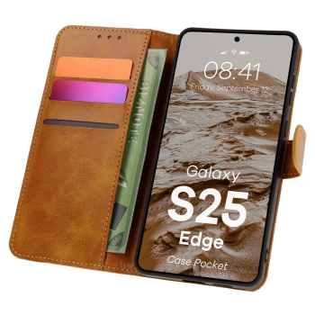 Etui z klapką Bizon Case Pocket do Galaxy S25 Edge, brązowe