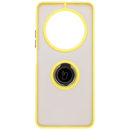 Etui z uchwytem na palec Bizon Case Hybrid Ring do Xiaomi Redmi 14C 4G / POCO C75, przydymione z żółtą ramką