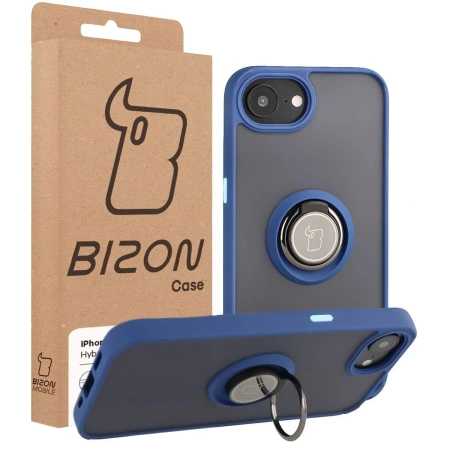 Etui z uchwytem na palec Bizon Case Hybrid Ring do iPhone 16e, przydymione z granatową ramką