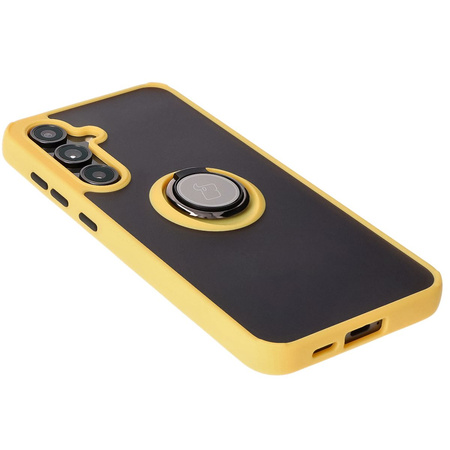 Etui z uchwytem na palec Bizon Case Hybrid Ring do Galaxy S24 FE, przydymione z żółtą ramką