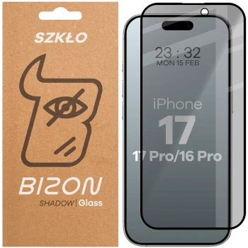 Prywatyzujące szkło hartowane Bizon Glass Edge Shadow do iPhone 16 Pro, przyciemniane z czarną ramką