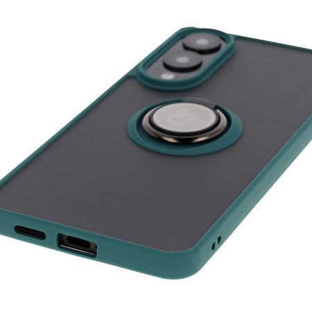 Etui z uchwytem na palec Bizon Case Hybrid Ring do Galaxy S25 Edge, przydymione z ciemnozieloną ramką