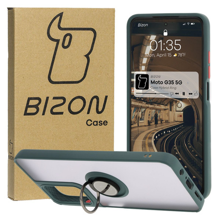 Etui z uchwytem na palec Bizon Case Hybrid Ring do Motorola Moto G35 5G, przydymione z ciemnozieloną ramką