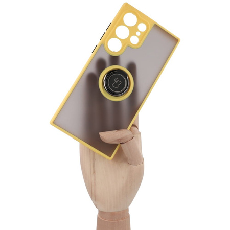 Etui z uchwytem na palec Bizon Case Hybrid Ring do Galaxy S23 Ultra, przydymione z żółtą ramką
