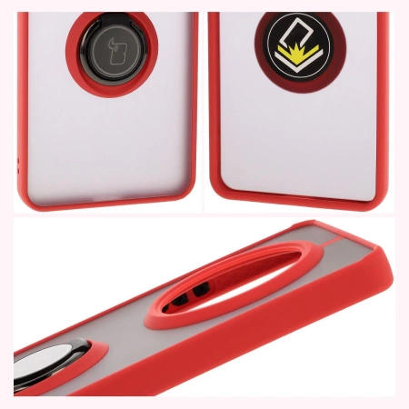 Etui z uchwytem na palec Bizon Case Hybrid Ring do Realme 14 Pro 5G, przydymione z czerwoną ramką
