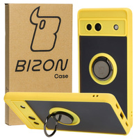 Etui z uchwytem na palec Bizon Case Hybrid Ring do Google Pixel 7A, przydymione z żółtą ramką