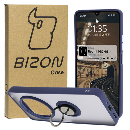 Etui z uchwytem na palec Bizon Case Hybrid Ring do Xiaomi Redmi 14C 4G / POCO C75, przydymione z granatową ramką