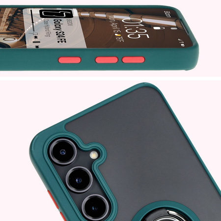 Etui z uchwytem na palec Bizon Case Hybrid Ring do Galaxy S24 FE, przydymione z ciemnozieloną ramką