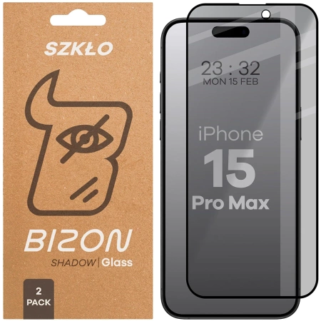 Prywatyzujące szkło hartowane Bizon Glass Edge Shadow Duo do iPhone 15 Pro Max, przyciemniane z czarną ramką, 2 sztuki