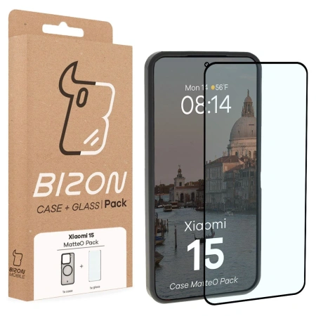 Etui z pierścieniem magnetycznym + szkło hartowane Bizon MatteO Pack do Xiaomi 15, przydymione-czarne