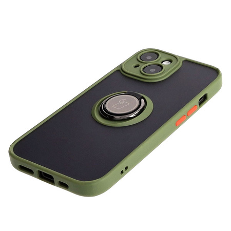 Etui z uchwytem na palec Bizon Case Hybrid Ring do iPhone 15, przydymione z zieloną ramką