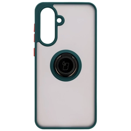 Etui z uchwytem na palec Bizon Case Hybrid Ring do Galaxy A36 5G, przydymione z ciemnozieloną ramką
