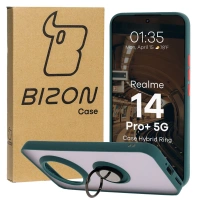 Etui z uchwytem na palec Bizon Case Hybrid Ring do Realme 14 Pro Plus 5G, przydymione z ciemnozieloną ramką