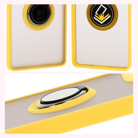 Etui z uchwytem na palec Bizon Case Hybrid Ring do Motorola Moto G85 5G, przydymione z żółtą ramką