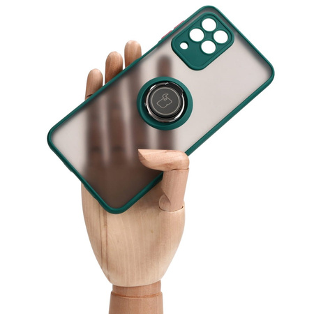 Etui z uchwytem na palec Bizon Case Hybrid Ring do Galaxy M33 5G, przydymione z ciemnozieloną ramką