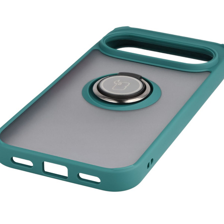 Etui z uchwytem na palec Bizon Case Hybrid Ring do Google Pixel 10 / 10 Pro, przydymione z ciemnozieloną ramką