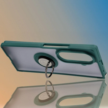 Etui z uchwytem na palec Bizon Case Hybrid Ring do Galaxy Z Fold7, przydymione z ciemnozieloną ramką