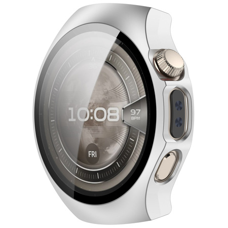 Etui ze szkłem do zegarka Bizon Case Watch Adamo do Huawei Watch 5 42 mm, satynowe srebrne