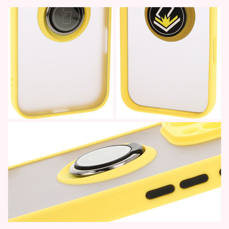 Etui z uchwytem na palec Bizon Case Hybrid Ring do iPhone 16 Pro, przydymione z żółtą ramką