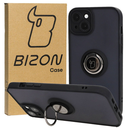 Etui z uchwytem na palec Bizon Case Hybrid Ring do iPhone 15 Plus, przydymione z czarną ramką