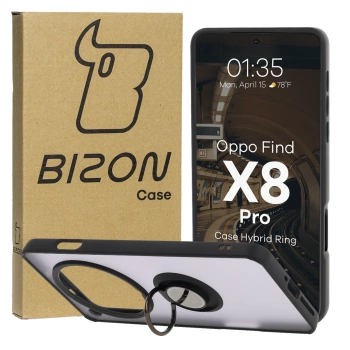 Etui z uchwytem na palec Bizon Case Hybrid Ring do Oppo Find X8 Pro, przydymione z granatową ramką