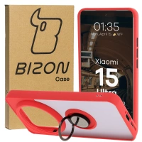 Etui z uchwytem na palec Bizon Case Hybrid Ring do Xiaomi 15 Ultra, przydymione z czerwoną ramką