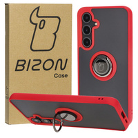 Etui z uchwytem na palec Bizon Case Hybrid Ring do Galaxy S24 FE, przydymione z czerwoną ramką