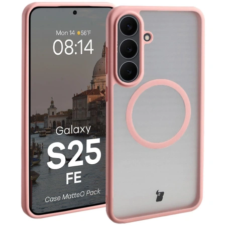 Etui z pierścieniem magnetycznym + szkło hartowane Bizon MatteO Pack do Galaxy S25 FE, przydymione-jasnoróżowe