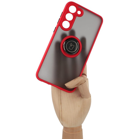 Etui z uchwytem na palec Bizon Case Hybrid Ring do Galaxy S23 Plus, przydymione z czerwoną ramką