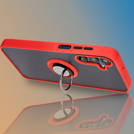 Etui z uchwytem na palec Bizon Case Hybrid Ring do Galaxy M15 5G, przydymione z czerwoną ramką