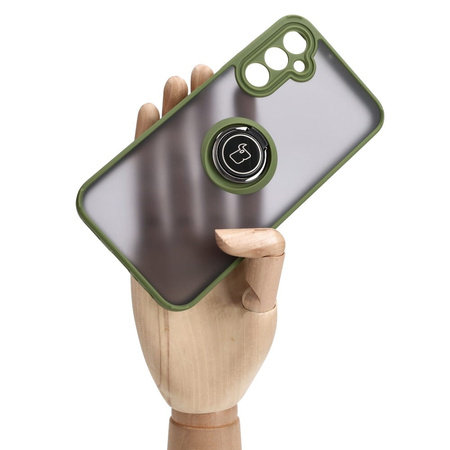 Etui z uchwytem na palec Bizon Case Hybrid Ring do Galaxy A24 4G, przydymione z zieloną ramką