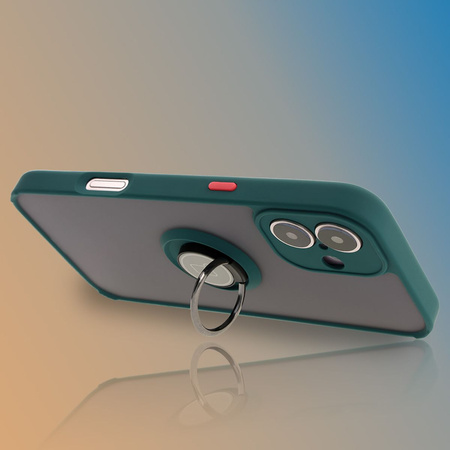 Etui z uchwytem na palec Bizon Case Hybrid Ring do iPhone 16 Plus, przydymione z ciemnozieloną ramką