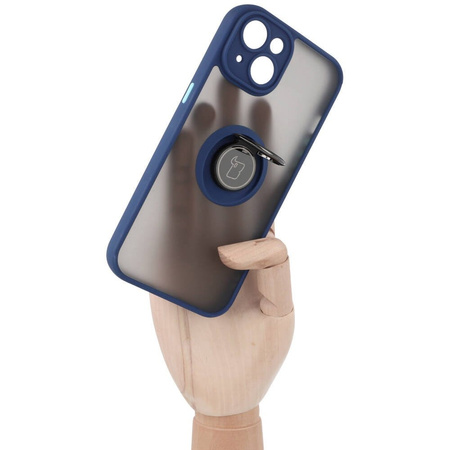 Etui z uchwytem na palec Bizon Case Hybrid Ring do iPhone 14, przydymione z granatową ramką