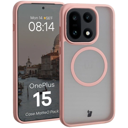 Etui z pierścieniem magnetycznym + szkło hartowane Bizon MatteO Pack do OnePlus 15, przydymione-jasnoróżowe