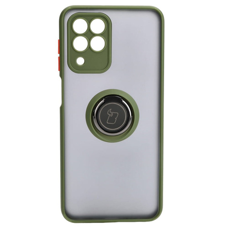 Etui z uchwytem na palec Bizon Case Hybrid Ring do Galaxy M33 5G, przydymione z zieloną ramką