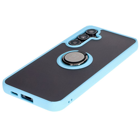 Etui z uchwytem na palec Bizon Case Hybrid Ring do Galaxy S24 FE, przydymione z jasnoniebieską ramką
