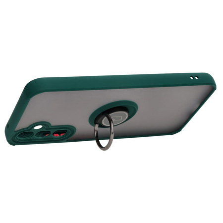 Etui z uchwytem na palec Bizon Case Hybrid Ring do Galaxy A34 5G, przydymione z ciemnozieloną ramką