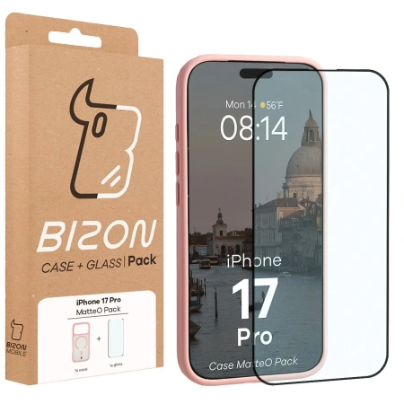 Etui z pierścieniem magnetycznym + szkło hartowane Bizon MatteO Pack do iPhone 17 Pro, przydymione-jasnoróżowe