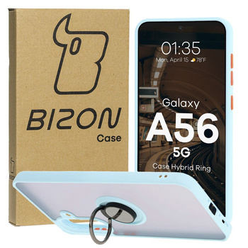 Etui z uchwytem na palec Bizon Case Hybrid Ring do Galaxy A56 5G, przydymione z jasnoniebieską ramką