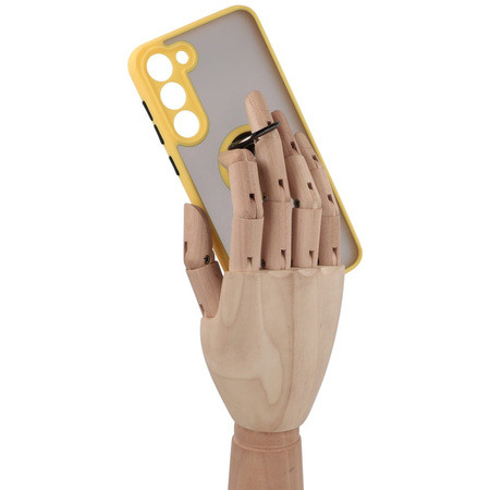 Etui z uchwytem na palec Bizon Case Hybrid Ring do Galaxy S23 Plus, przydymione z żółtą ramką