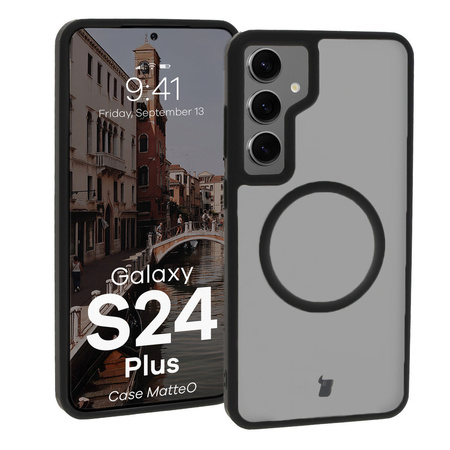 Etui z pierścieniem magnetycznym Bizon Case MatteO do Samsung Galaxy S24 Plus, półprzezroczyste z czarną ramką