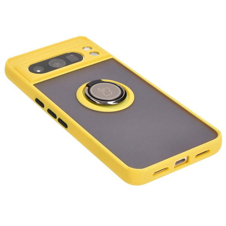 Etui z uchwytem na palec Bizon Case Hybrid Ring do Google Pixel 8 Pro, przydymione z żółtą ramką