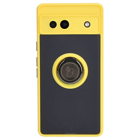 Etui z uchwytem na palec Bizon Case Hybrid Ring do Google Pixel 7A, przydymione z żółtą ramką