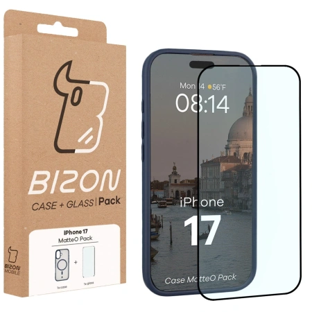 Etui z pierścieniem magnetycznym + szkło hartowane Bizon MatteO Pack do iPhone 17, przydymione-granatowe