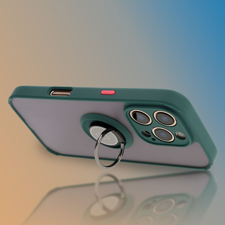 Etui z uchwytem na palec Bizon Case Hybrid Ring do iPhone 16 Pro, przydymione z ciemnozieloną ramką