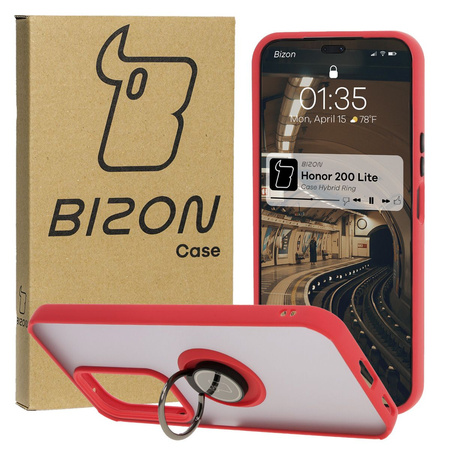 Etui z uchwytem na palec Bizon Case Hybrid Ring do Honor 200 Lite, przydymione z czerwoną ramką