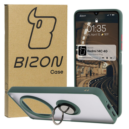 Etui z uchwytem na palec Bizon Case Hybrid Ring do Xiaomi Redmi 14C 4G / POCO C75, przydymione z ciemnozieloną ramką