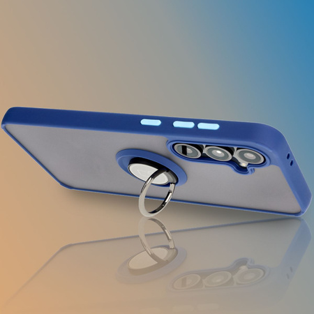 Etui z uchwytem na palec Bizon Case Hybrid Ring do Galaxy S24 FE, przydymione z granatową ramką
